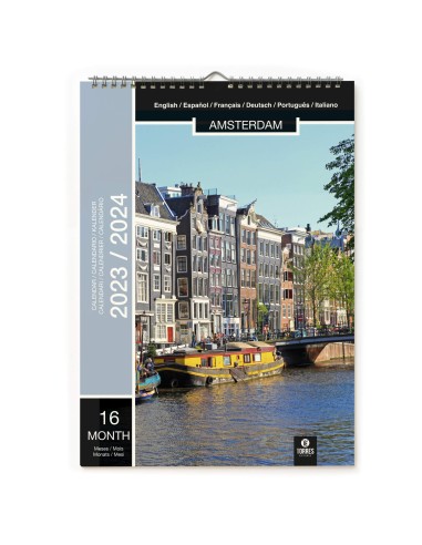Gran Calendario A3 de 16 meses con imágenes de Ámsterdam y casillas mensuales. Certificado FSC.