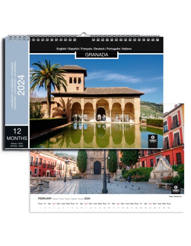 Calendario de pared A3 horizontal, 12 meses con ilustraciones de Granada, con vista mensual